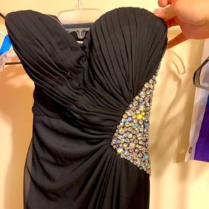 Black strapless prom dress with rhinestones and open back